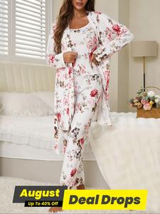 Women's All Over Floral Print Pajama Set, Long Sleeve Open Front Outwear & Pants & Cami Top, Casual Comfy Sleepwear Set for Women
