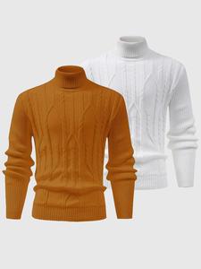 Men's Solid Cable Textured Turtle Neck Sweater, Casual Loose Warm Jumper for Fall & Winter, Men's Knitwear for Daily Wear