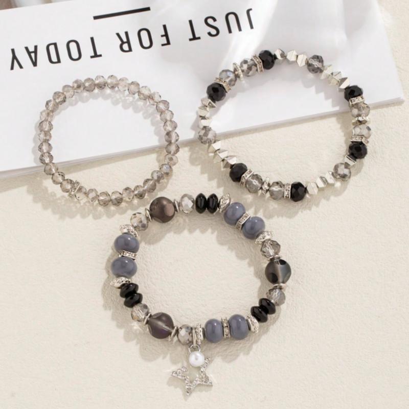 Bohemian Style 3-Piece Beads Set for Women & Silver Alloy Block Bracelet Suitable for Party and Dating, Ideal Gift 3