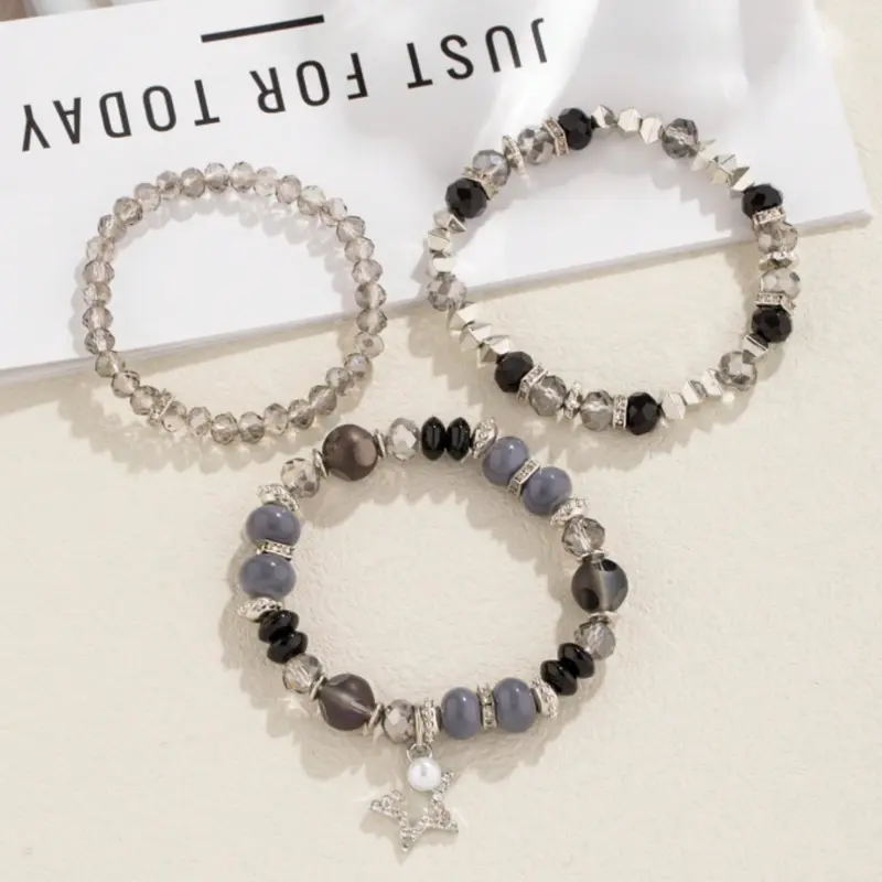 Bohemian Style 3-Piece Beads Set for Women & Silver Alloy Block Bracelet Suitable for Party and Dating, Ideal Gift 3