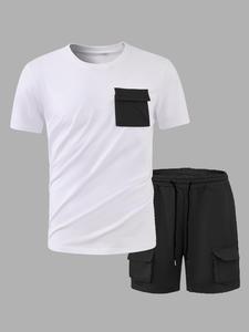 【Plus Size】 Solid Plain Short Sleeve Tee & Pocket Shorts Two-piece Set, Regular Fit Casual Round Neck T-shirt & Track Shorts, Men's Summer Clothes for Daily Wear