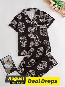 Two-piece Set Women's All Over Skull Print Lapel Neck Pocket Shirt & Pants Pyjama, Casual Comfy Short Sleeve Button Top & Trousers Pj Set, Ladies Sleepwear for All Seasons, Pyjamas for Women, Pajamas, Womenswear, Shortsleeve Soft Sleepwear Loungewear