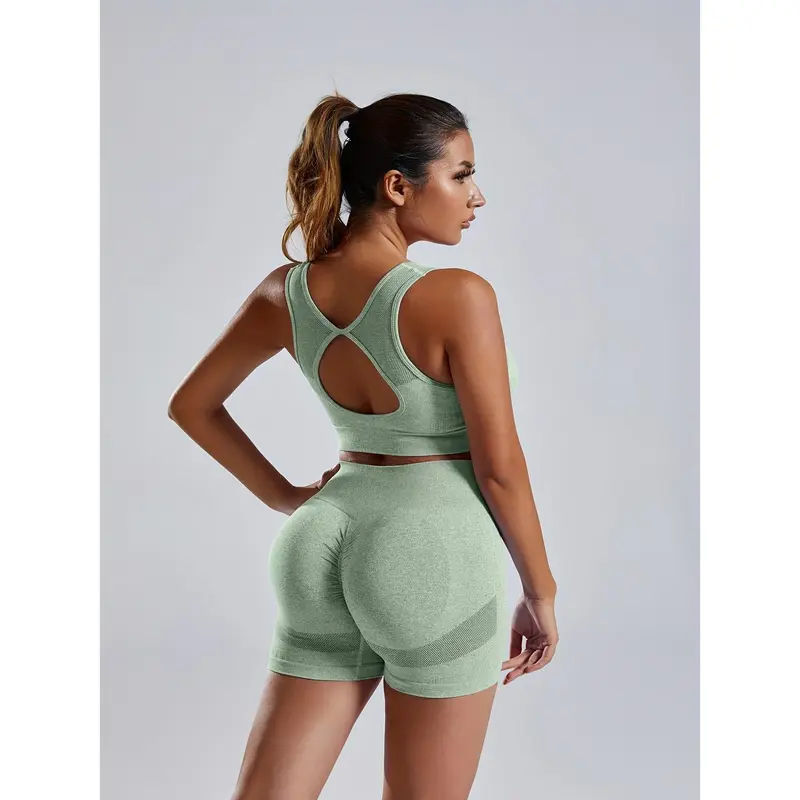 Women'S Seamless Sports Yoga Set, Summer New High Stretch Knit Fabric, Solid Color Polyamide 90% Elastane 10%, Short Length Fitness Gym Wear with Backless Bra and Butt Lifting Yoga Pants 5