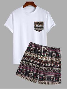 Men's Short Sleeve Tee & Ethnic Pattern Shorts Two-piece Set, Regular Fit Shortsleeve Round Neck T-shirt & Drawstring Waist Shorts, Casual Summer Clothes for Beach Vacation, Clothing, Summer Outfit Set