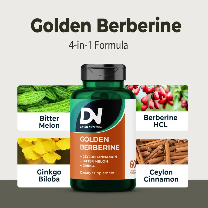 DN 4-in-1 Berberine Supplement with Ceylon Cinnamon Bitter Melon Ginkgo 1500mg, Support Gut Health, Wellness, Divinity Nutra 2