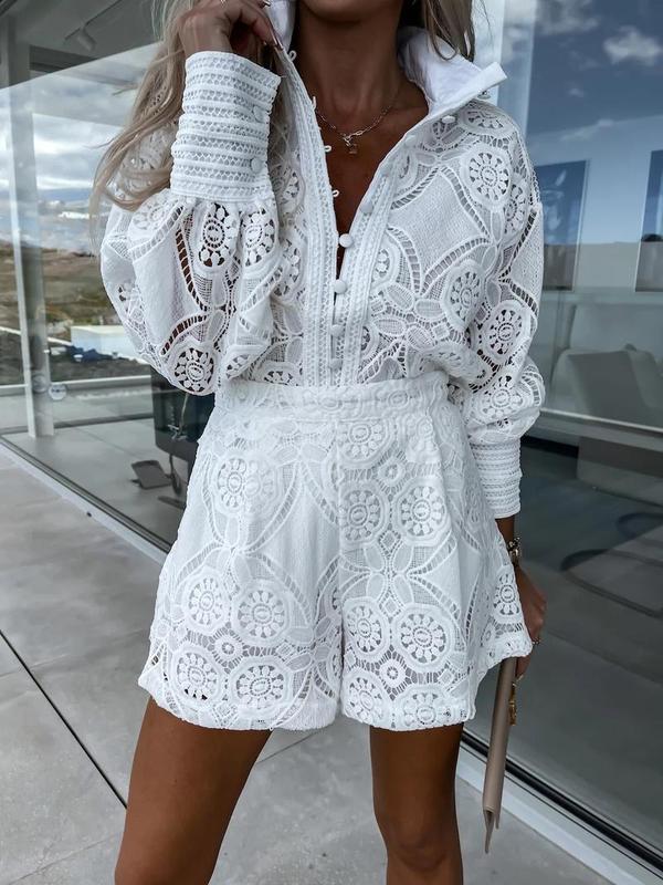 Vintage White Lace Shirt Shorts Sets Women Spring Summer Long Sleeve Button Top Shorts 2 Piece Set Elegant Party Outfits Femme 4
