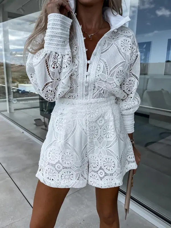 Vintage White Lace Shirt Shorts Sets Women Spring Summer Long Sleeve Button Top Shorts 2 Piece Set Elegant Party Outfits Femme 4