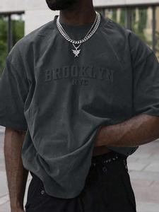 Men's Plus Size Letter Embossed Drop Shoulder Tee, Casual Half Sleeve Round Neck T-shirt, Fashion Men's Summer Top for Daily Wear