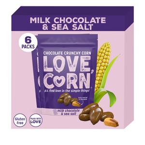 LOVE CORN Milk Chocolate & Sea Salt Crunchy Corn Snack 115g x 6 Bags – Chocolate Multipack Snacks Ideal for Gluten Free Diets – Chocolate Gift – Perfect To Graze On