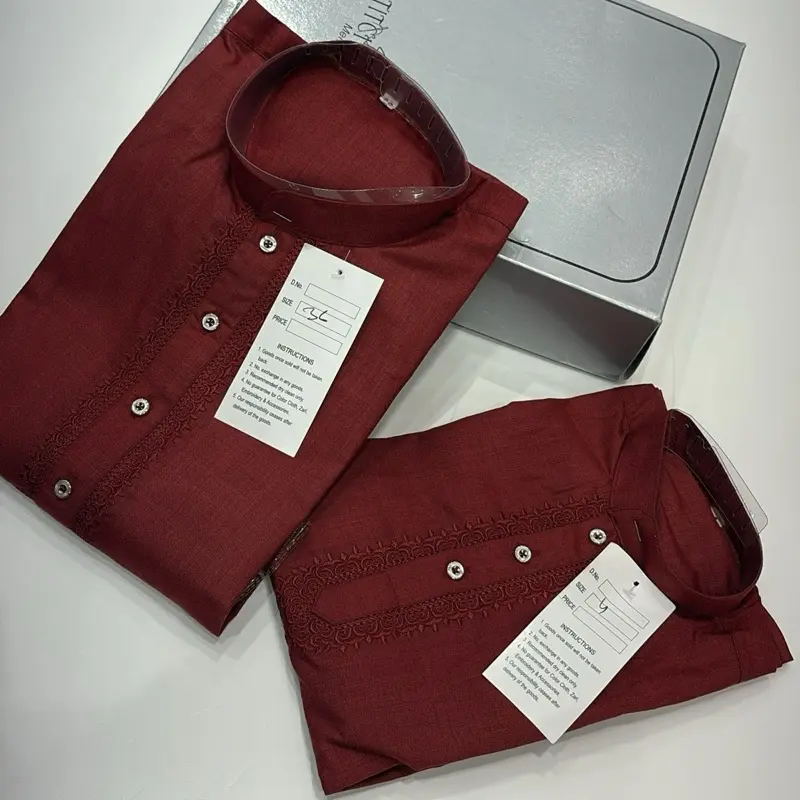CM62 - Traditional Red Shalwar Kameez with Embroidery and Collar for Boys and Men - High-Quality Fabric