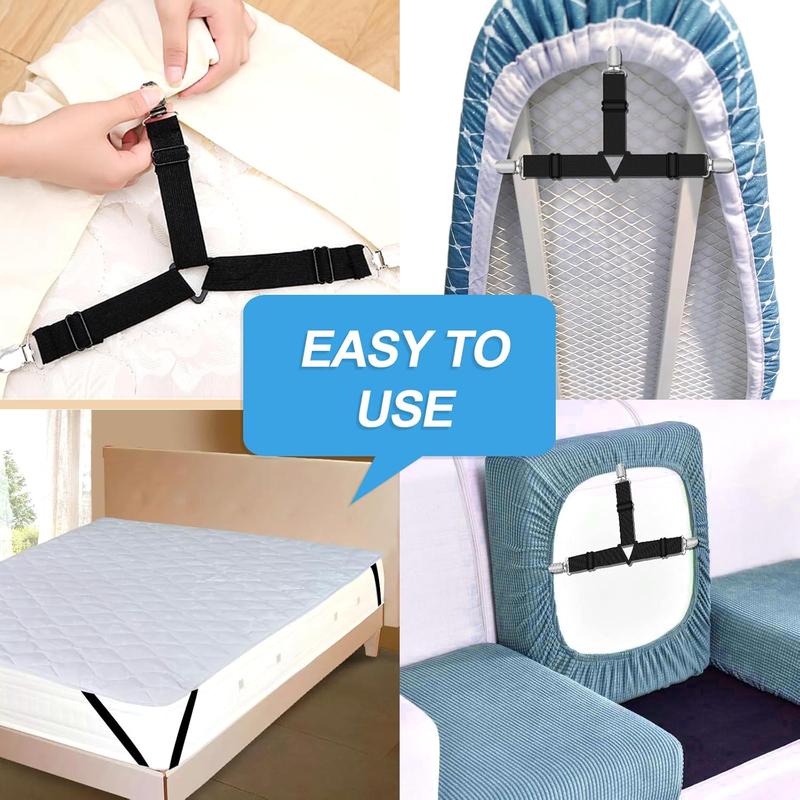 4 Pcs Bed Sheet Clips, Triangle Sheet Clips for Bedding, Adjustable Bed Sheet Grippers, Black Bed Sheet Straps, Sheet Clips for Bedding, Mattress Covers, Bed Sheets, Sofa Cushion 4