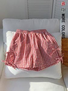 Women's Plaid Print Tie Side Casual Comfy Shorts, Cute Fashion Shorts for Summer, Women's Bottoms for Daily Wear, Printed Shorts, Checkered Shorts, Elastic Loose Shorts, Breathable Soft Shorts