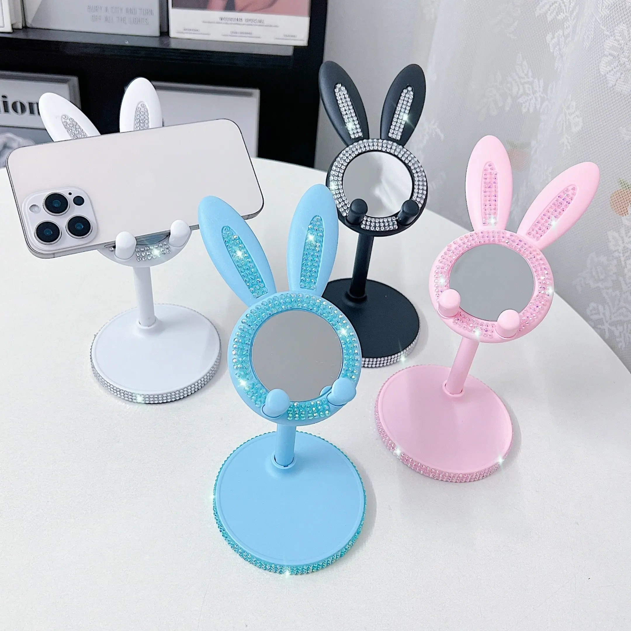 Rabbit Phone Stand, Cute Rabbit Pull Up Diamond Anti-Fall and Scratch Resistant Mirror Phone Holder, Height Adjustable Phone Stand, Phone Accessories, Office Use Ideal as a Gift for Girlfriend Boyfriend