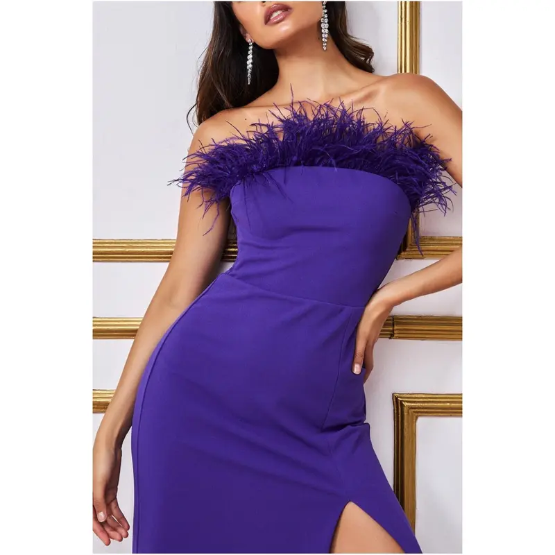 Goddiva Feather Boobtube Maxi Dress - Purple 2