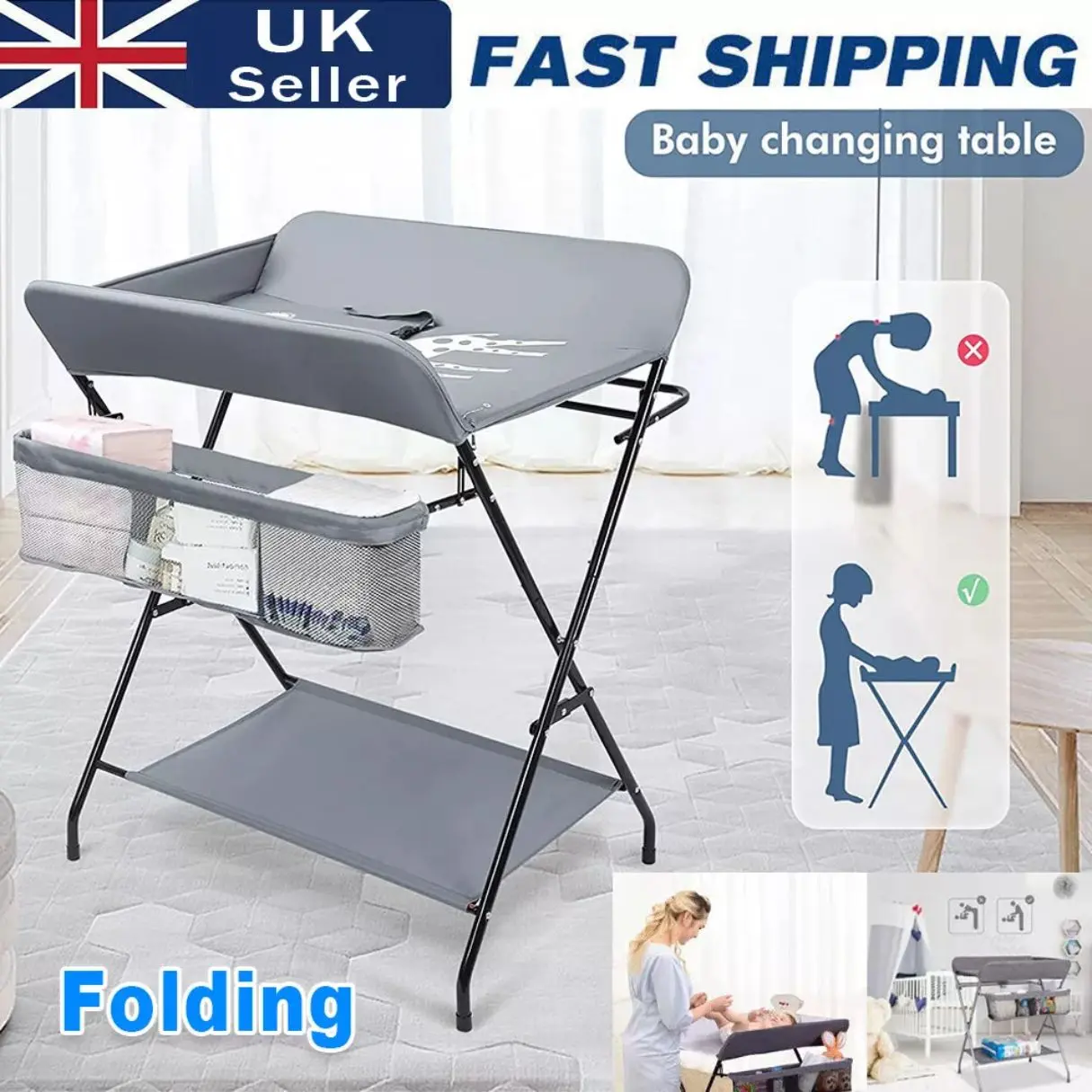 Folding Baby Changing Table with Storage | Portable Nursery Changing Station for Newborns, Infant Diaper Change Unit with Organiser Shelves, Waterproof Mat, Adjustable Height, Compact Foldable Design for Home Travel Use Baby Essentials UK
