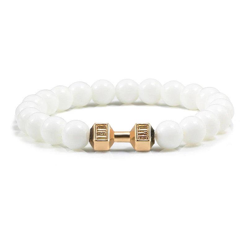 Natural Volcanic Stone Bracelet Men Matte Black Lave White Beads Charm Dumbbell Strand Bracelets Women Barbell Fitness Jewelry 0