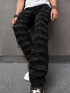 Men's Regular Fit Ripped Button Fly Jeans, Casual Comfy Pocket Trousers for Daily Wear, Fashion Men's Bottoms for All Seasons, Jeans for Men, Cotton, Streetwear