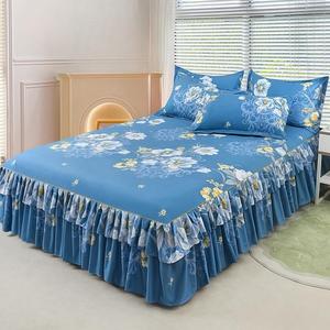 Floral Print Ruffled Edge Bed Skirt Set, 3 Counts/set Including 1 Bed Skirt & 2 Pillowcases without Filler, Comfy Bedding Set for Home Bedroom, Bedsheet Sets, Decorative Bedding, Soft Durable Material Floral Quilt Set, Home Decor, Bedding Supplies