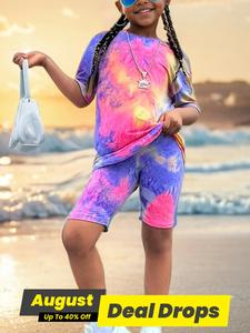 Girl's Tie Dye Print Short Sleeve Tee & Elastic Waist Shorts Set, Casual Round Neck T-shirt & Shorts, Kids Summer Clothes for Daily Wear