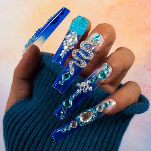 Rhinestone Decor Fake Nail & Tape & File, 10pcs Long Square False Nail for Women Girls, Effortless Press on Nail Manicure Set