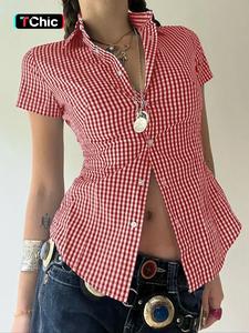 Summer New Y2K Check Slim Fit Short Sleeve Shirt Casual Women's Wear