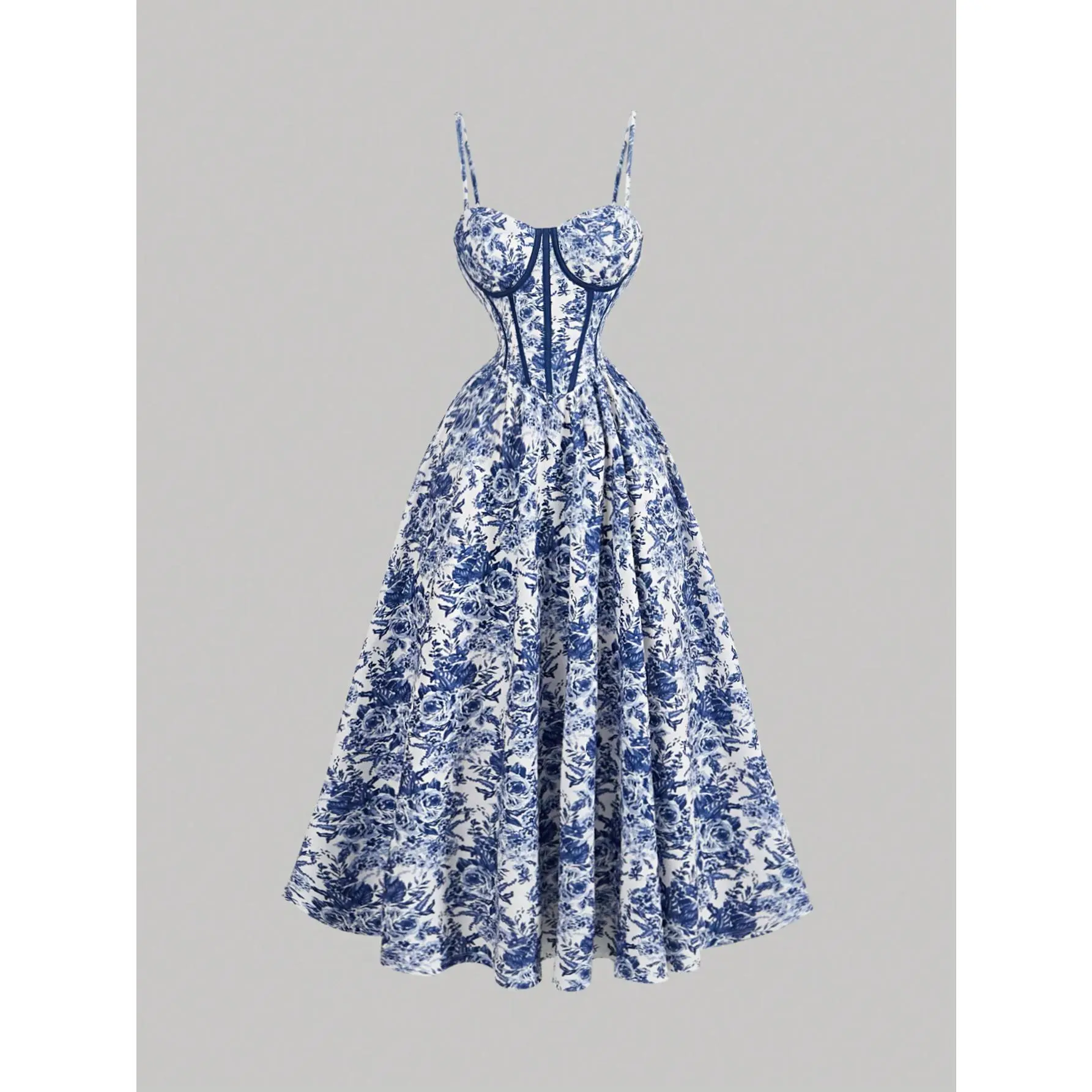 MOD Floral Print Bustier Cami Blue And White Contrast Striped Waist Corset Structure Dress,Vacation Outfits Woman,Summer Dress,Country Outfits,Beach Vacation Wear,Spring Dress,Easter Dress Women,Summer Dresses For Women,Tea Party Dress Casual  Comfort