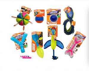 The Nerf Dog Range - Ultraplush Crinkle Wing Duck Launcher, TPR Bacon Scented Bone, 3 Part Spike Squeak Ball, Blue TPR Super Scent Chicken Wishbone