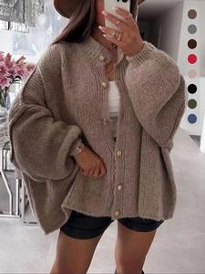 Women's Solid Color Button Cable Knit Cardigan, Casual Long Sleeve Open Front Outerwear for Fall & Winter, Women's Knit Clothing for Daily Wear Oversized Chic soft cardigan crochet cardigan tops  for   sbomber  jacket  women