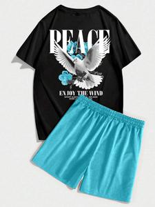 Men's Eagle Print Tee & Shorts Two-Piece Set, Regular Fit Casual Crew Neck Short Sleeve T-Shirt & Track Shorts, Men's Summer Clothes Set for Outdoor