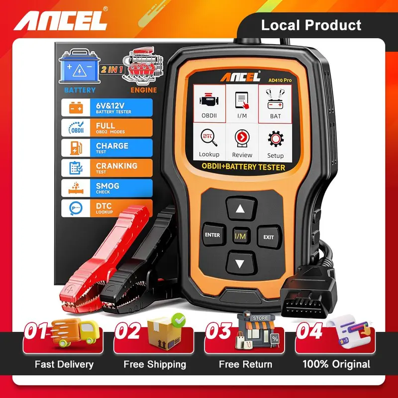 ANCEL AD410 Pro 2-in-1 OBD2 Scanner & Battery Tester – 6V/12V 100-2000 CCA Car Diagnostic Code Reader for All Vehicles 1