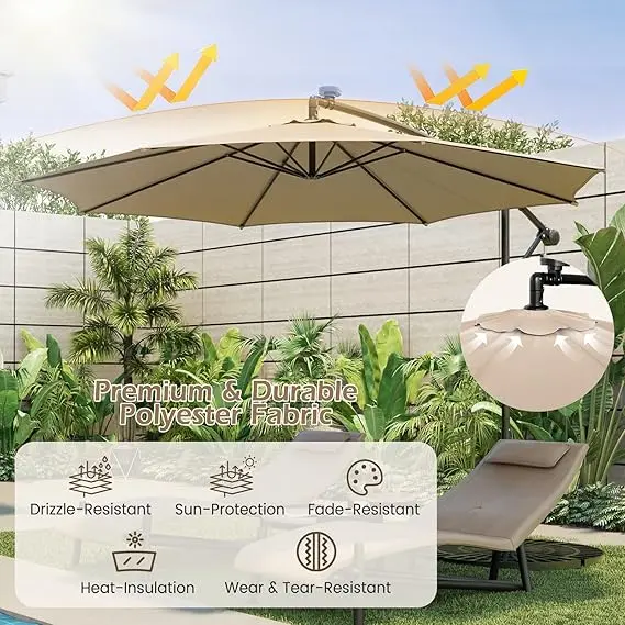 COSTWAY 3M Cantilever Garden Parasol with Solar-Powered LED Lights, Offset Banana Umbrella with Tilted Design, Crank Handle & Cross Base, Outdoor Hanging Sun Shade for Patio Market 1