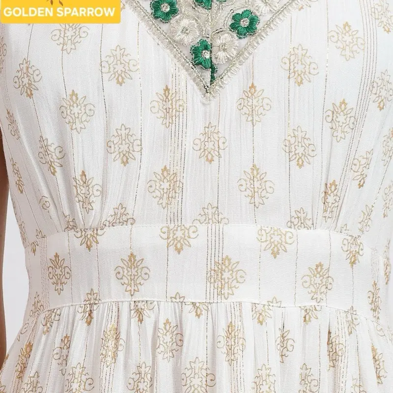 Boho Knee Length Embroidered Midi Dress for Women - Casual Style - Womenswear Summer Comfort Sleeveless Vneck Gorgeous Embroidery Green Off White 7