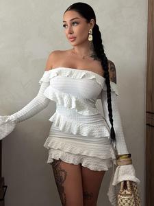 Women's Plain Textured Ruffle Trim Off Shoulder Bodycon Dress, Sexy Fashion Flounce Sleeve Ribbon Mini Dress for Party Club Dating Wear, Women Dress for Spring & Fall, Holiday Dresses, Womenswear