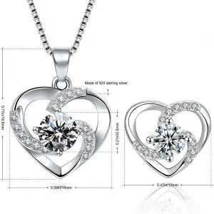 Amour – 925 Sterling Silver Women’s Heart Clear White Necklace and Earrings Set 5
