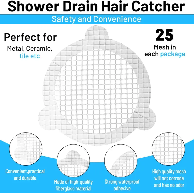 (25 Pack) Disposable Drain Cover & Drain Snake Stickers - 9cm Round Shower Drain Cover & Hair Catcher for Shower Drain - Perfect for Bath & Kitchen - Mesh Stops Human & Pet Hair 6