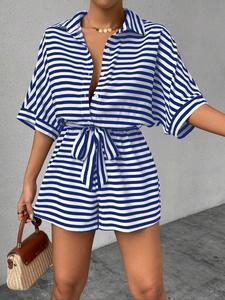 Women's Striped Print Button Belted Romper, Casual Short Sleeve Lapel Neckline Romper for Summer, Fashion Women's Clothes for Daily Wear, Overalls, Beach Jumpsuit