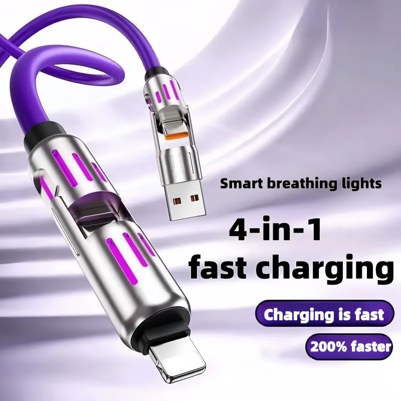 240W4 in 1 Functional Super Fast Charge UsB Type CLiquid Silicone Aluminum Alloy Data Cable For iPhone14 15 16pro max Huawei Samsung Xiaomi 1