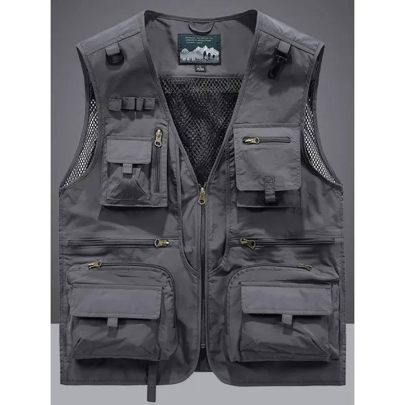 Breathable Nylon Men's Outdoor Cargo Vest Jacket, Men's Zip Up Sports Jacket With Multiple Pockets For Summer Outdoor Activity Menswear Tops 1
