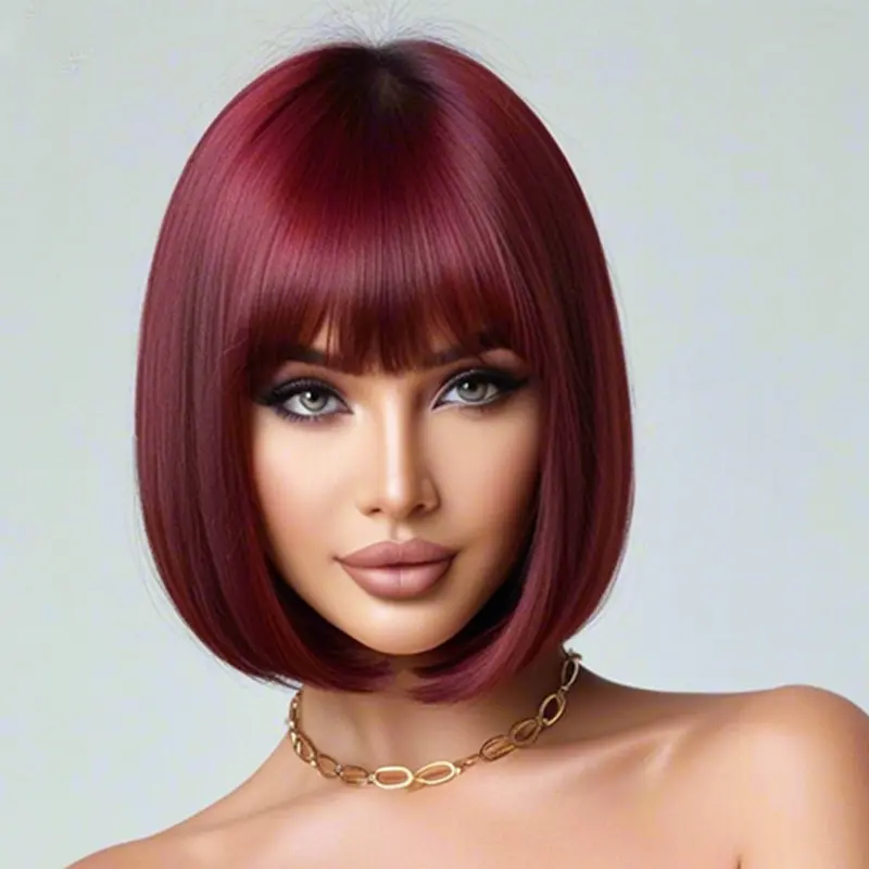 Women's Elegant Burgundy Bob Wig with Bangs - 150% Density Heat Resistant Synthetic Fiber, Suitable for Role Playing & Daily Wea 2