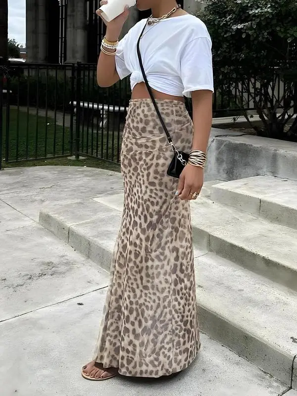 Women's Leopard Print High Waist Bodycon Skirt, Fashion Casual Long Skirt for Daily Outdoor Wear, Ladies Bottoms for Summer 1