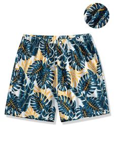 Men's Leaf Print Drawstring Waist Shorts, Loose Casual Pocket Beach Shorts for Summer, Men's Bottoms for Vacation Holiday Beach