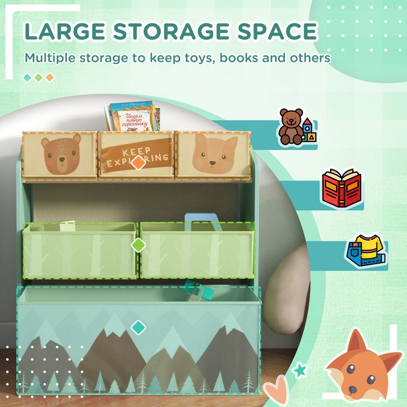 Kids Storage Units with 6 Fabric Bins, Childrens Toy Storage Organiser for Bedroom - Green Boxes Shelf Racks Steel 3