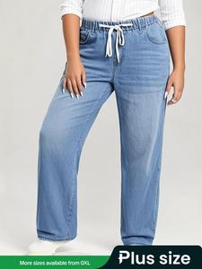 【Plus Size】Solid Drawstring Waist Straight Leg Jeans, Basic Casual Pocket Denim Trousers for Daily Wear, Clothing, Women's Bottoms for All Seasons, Womenswear, Trousers for Women, Streetwear