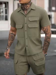 Men's Solid Short Sleeve Shirt & Cargo Shorts Two-Piece Set, Regular Fit Casual Fashion Cozy Breathable Two Piece Outfits for Summer, Men Clothes Set for Daily Wear