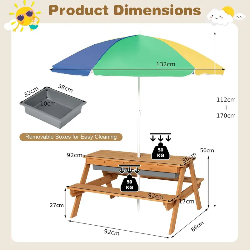 COSTWAY Kids Picnic Table, 3-in-1 Wooden Sand & Water Play Table and Bench Set with Adjustable Umbrella and Detachable Tabletop, Children Garden Furniture Parasol for Girls Boys 4
