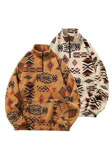 Men's Ethnic Pattern Zip Up Sweatshirt, Casual Loose Long Sleeve Half Zip Pullover for Fall & Winter, Men's Clothes for Daily Wear