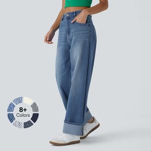 Halara Flex Women's High-Waisted Washed Knit Wide-Leg Jeans with Rolled Hem & Multiple Pockets – Stretchy Comfortable Denim, Ideal for #Summer#DealDrops #Summervibes