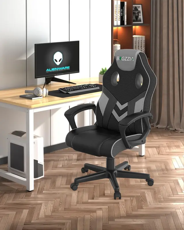 Gaming Chair, Office Desk Computer Chairs, Height Adjustable Reclining Video Game Seat with Headrest and Lumbar Support (Grey) 1
