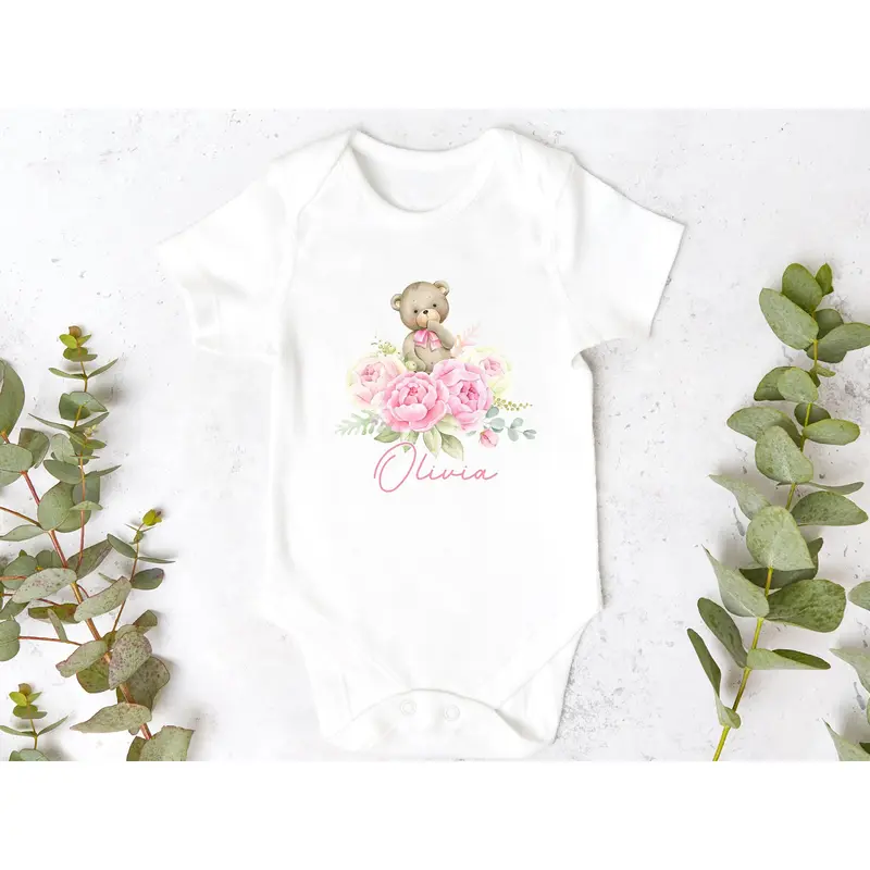 Pink Floral Bear Personalised Sleepsuit/Babygrow 1