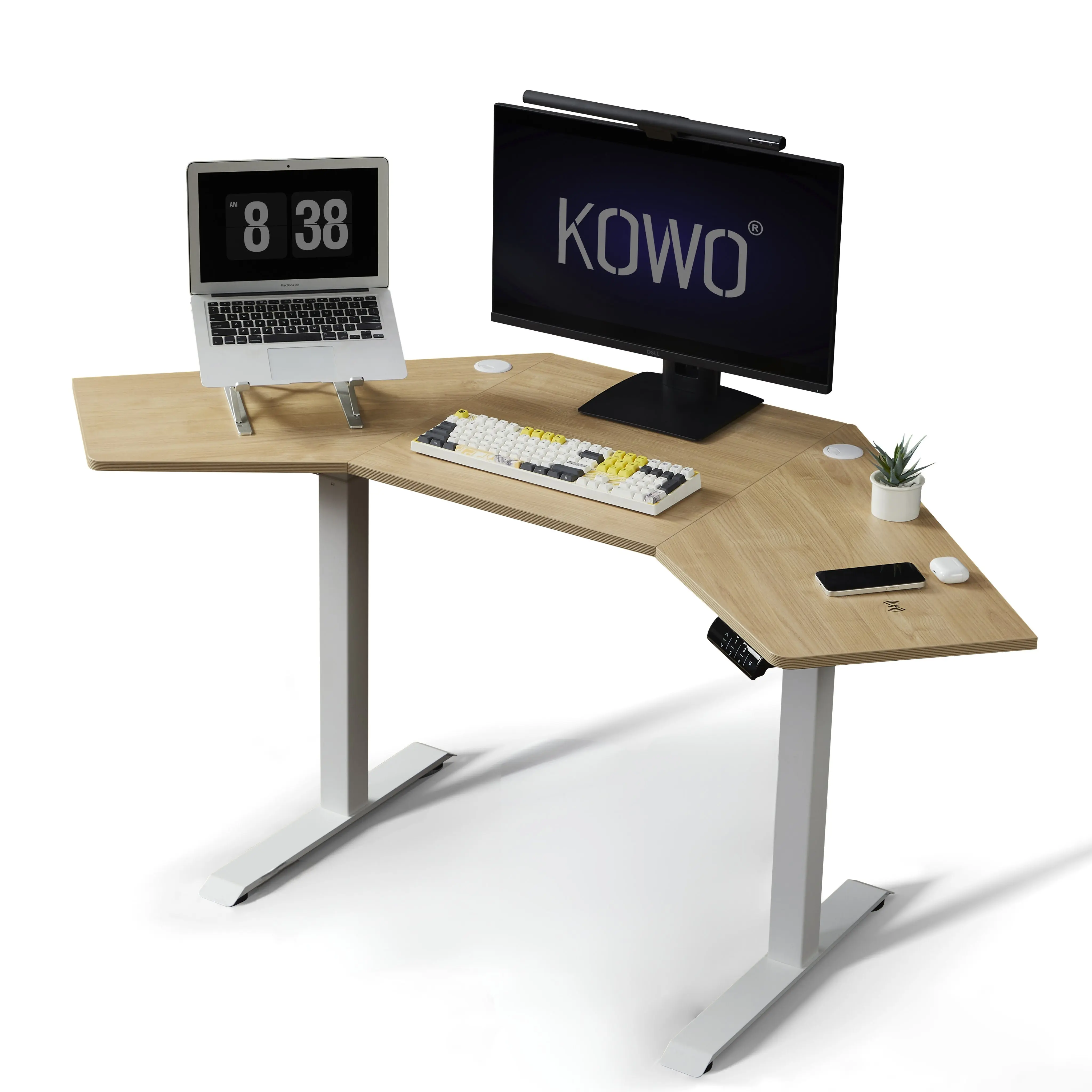 Corner Standing Desk with USB Hub & Wireless Charger